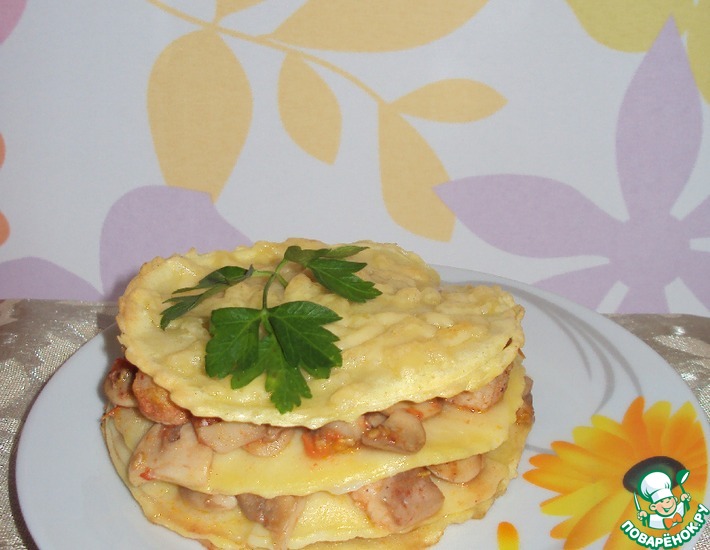 Рецепт: Мини-лазанья с рыбным филе и грибами