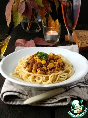 Рецепт Спагетти с мясным чечевично - кукурузным соусом