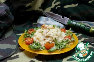 Рецепт Ризотто "Генеральская честь" с беконом и томатом под сыром пармезан