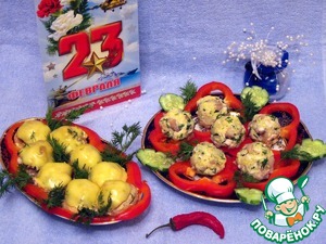 Рецепт Закуска из грибов, куриного мяса и пшена "23 февраля-красный лист календаря"