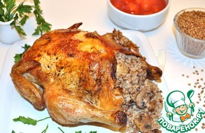 Рецепт Курица в рукаве, фаршированная гречкой и грибами