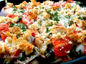 Рецепт Курица с томатами и грибами под хлебно-сырной корочкой
