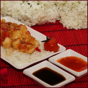 Рецепт Рисовая лапша с морскими гребешками в сладком соусе чили