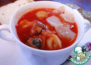 Рецепт Суп томатный с пельменями и морскими гадами