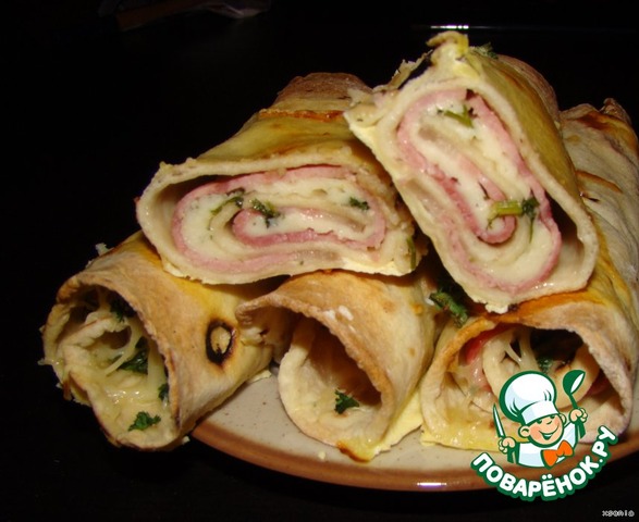 Lavash rolls with ham, chicken and cheese