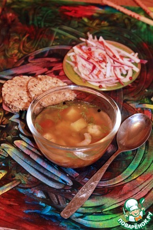 Рецепт Овощной суп с крабовыми клецками и салат из маринованных крабовых палочек с красным луком
