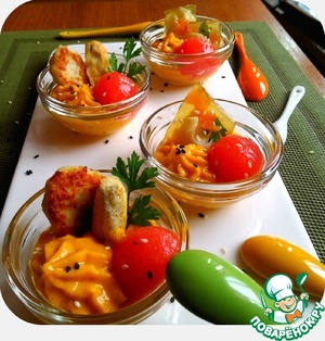 Рецепт Многоликая рыба с морковным кремом и томатным желе