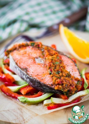 Рецепт Томленый лосось с овощами и апельсиновым соусом