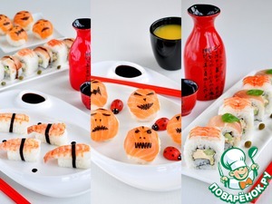 Рецепт Суши-вечеринка для взрослых и детей-Хеллоуин темари суши, Неаполь маки и нигири с креветкой