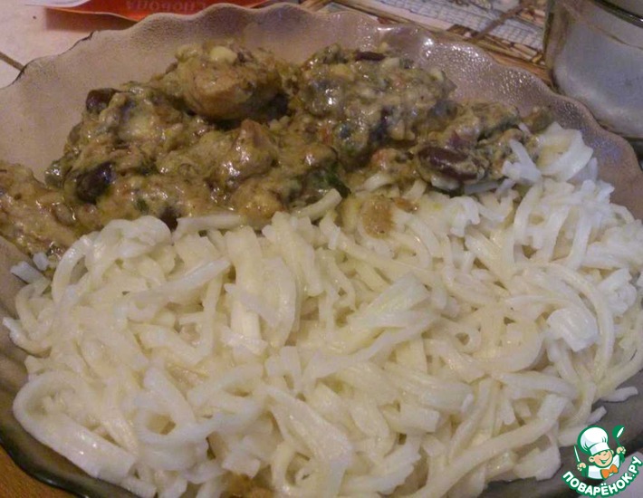 Рецепт: Куриное филе в сливочном соусе с грибами и консервированной фасолью