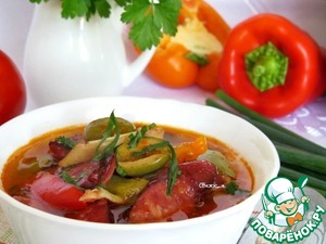 Рецепт Свиные ушки с красной фасолью, овощами, оливками и копчёными колбасками