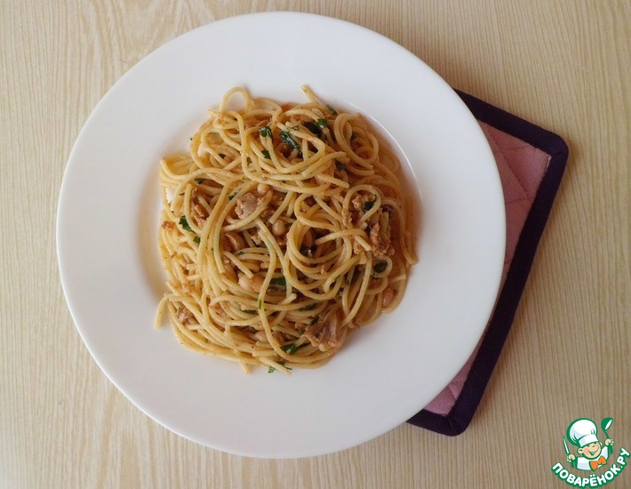 Рецепт: Спагетти с печенью трески