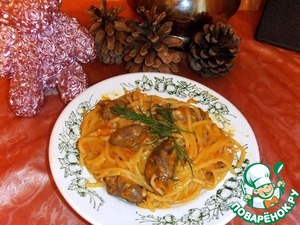 Рецепт Спагетти с куриными сердечками в сливочно-томатном соусе