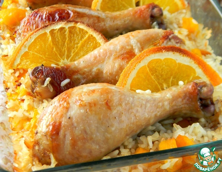 Рецепт: Цитрусовая курица на рисово-овощной подушке