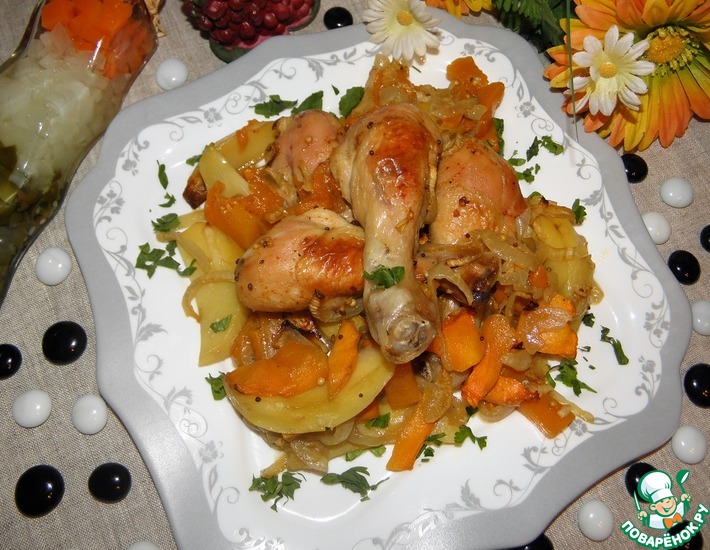 Рецепт: Курица, запеченная с тыквой и картофелем
