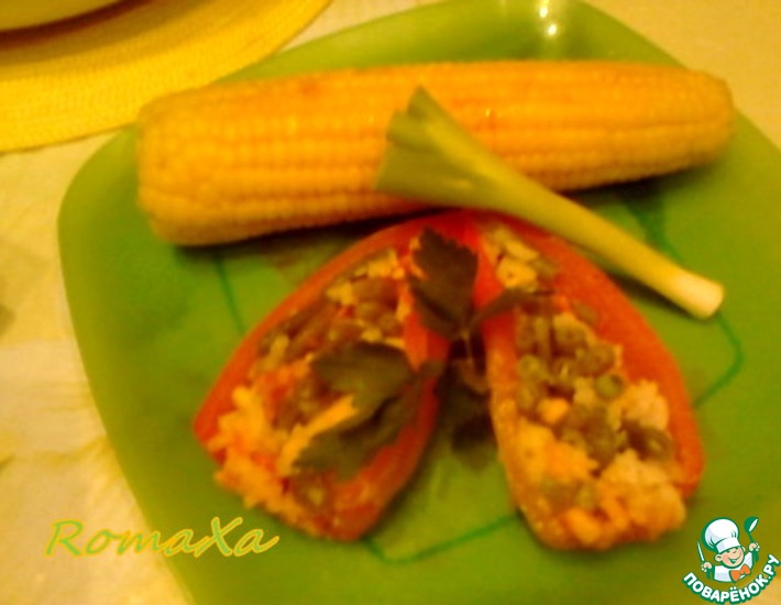 Рецепт: Фаршированные перцы по-гавайски и кукуруза на пару