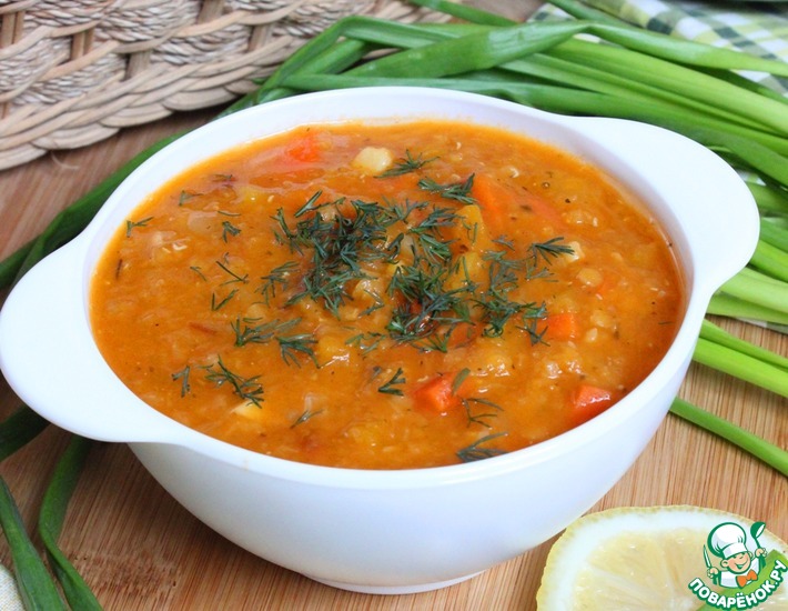 Рецепт: Постный суп из чечевицы с тыквой