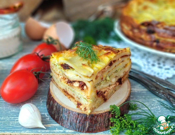 Рецепт: Блинный пирог с укропом и томатами