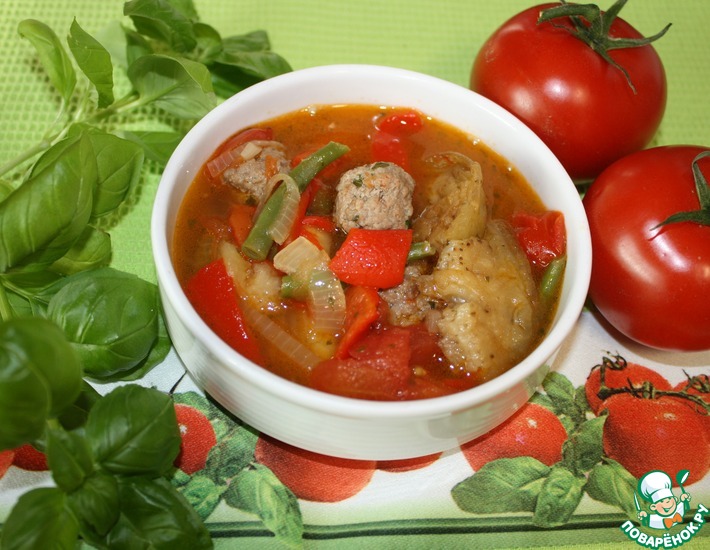 Рецепт: Суп с овощами и фрикадельками Жареный