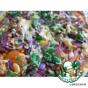 Рецепт Пицца с салями , помидорами и синим луком
