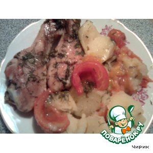 Рецепт Румяные куриные ножки с картофелем и помидорами
