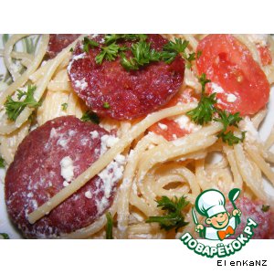 Рецепт: Спагетти с салями и помидорами
