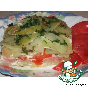 Рецепт Картофельная запеканка-пирог с сосисками  и овощами
