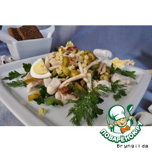 Рецепт Теплый салат из кальмаров, минтая и орзо