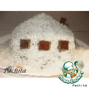 Рецепт: Торт из печеночных оладьев Заснеженный домик
